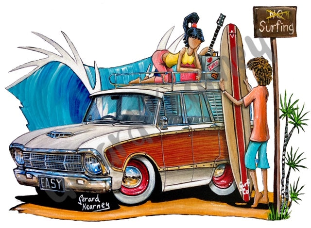 Good Vibrations Print feat. Ford Falcon Squire Woody Wagon - Gerard Kearney Art Australia