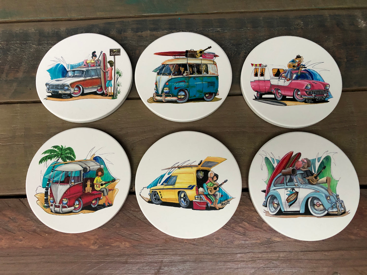 Retro Surf Ceramic Coasters - set of 6 - Gerard Kearney Art Australia