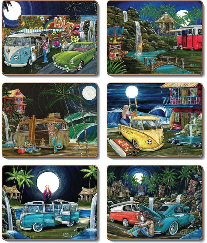 Lunar Lovers Placemats and Coasters feat. Kombi surf vans and Beetles - Gerard Kearney Art Australia