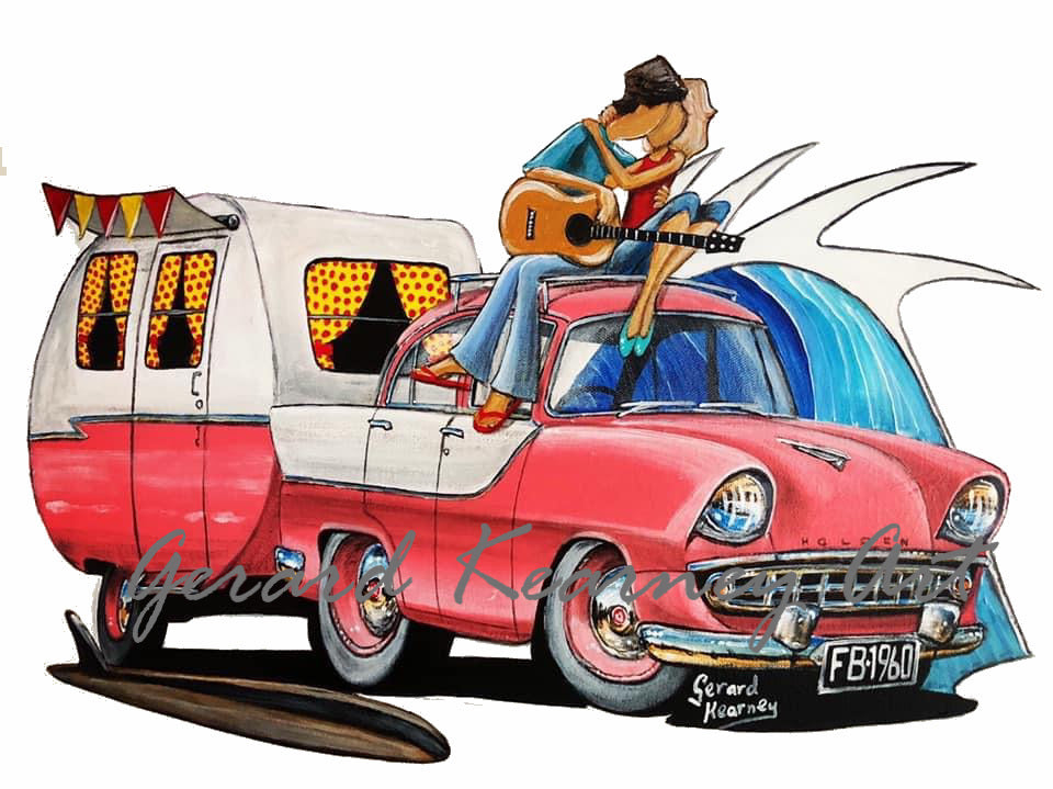Life is a Highway Original Painting feat. Nostalgic Holden FB with Caravan - Gerard Kearney Art Australia