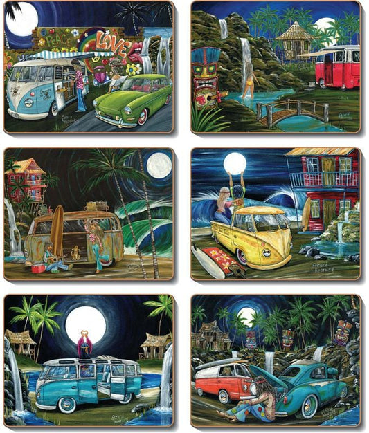 Lunar Lovers Placemats and Coasters feat. Kombi surf vans and Beetles - Gerard Kearney Art Australia