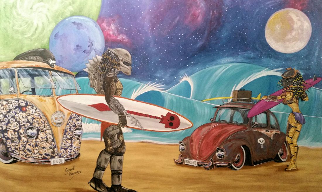 Predator Bay Original Painting feat. Kombi and Beetle - Gerard Kearney Art Australia